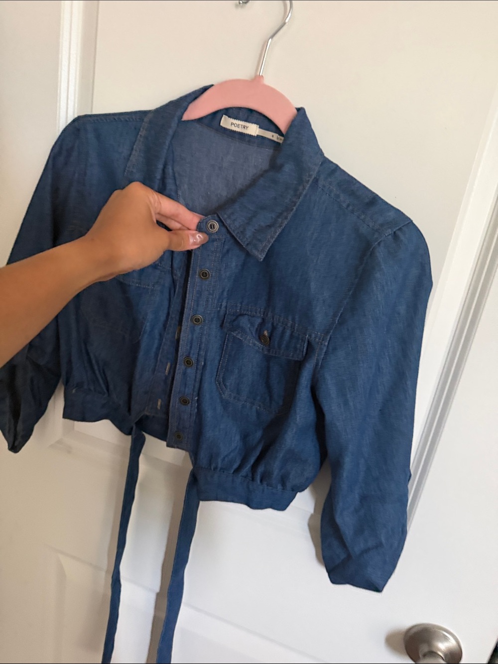 Poetry Denim Tie-Waist Cropped Jacket - Blue - Picture 4 of 7